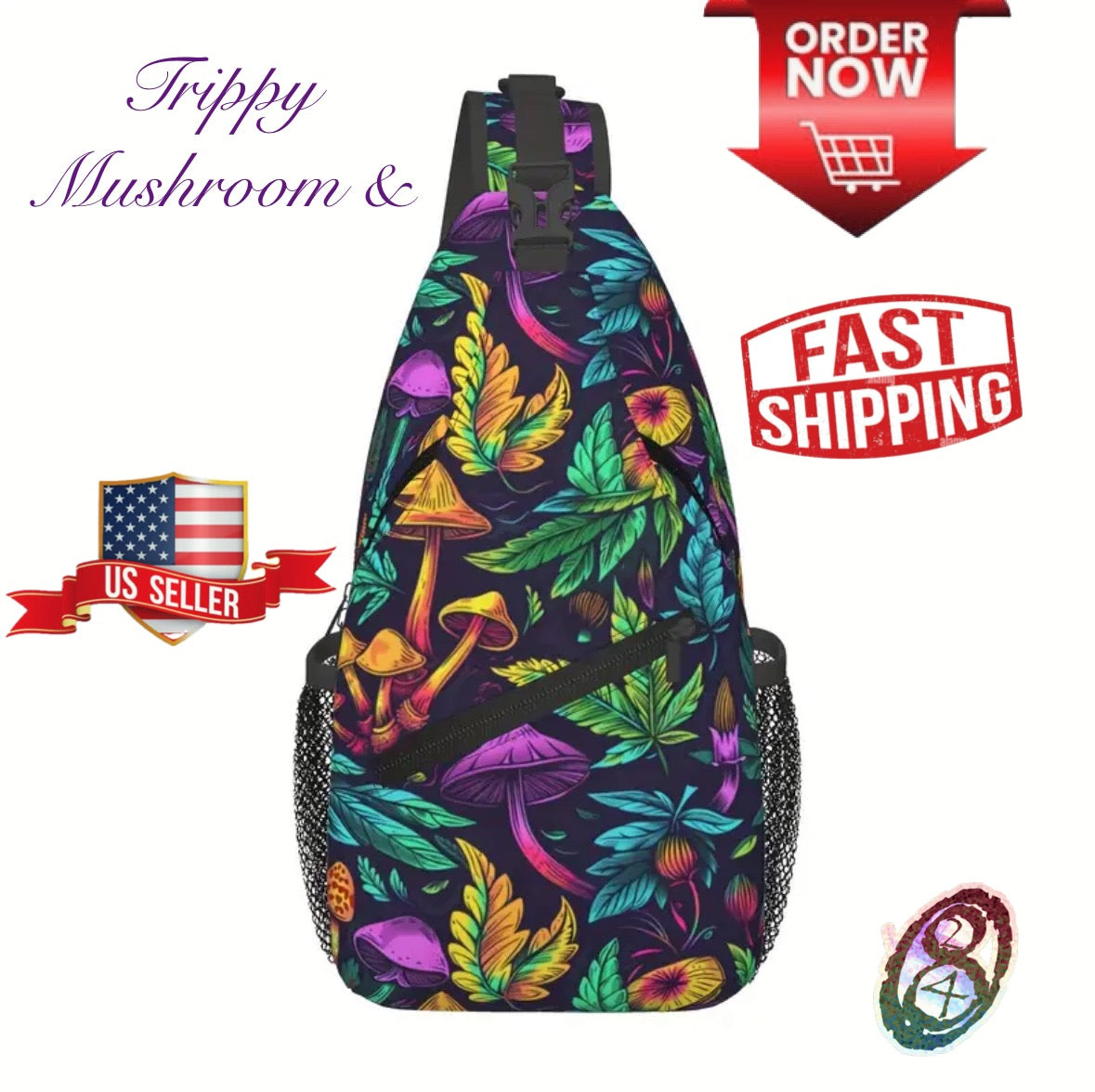 Crossbody Chest Bag Trippy Mushroom Leafs Design Folding Durable High Capacity FREE US SHIPPING