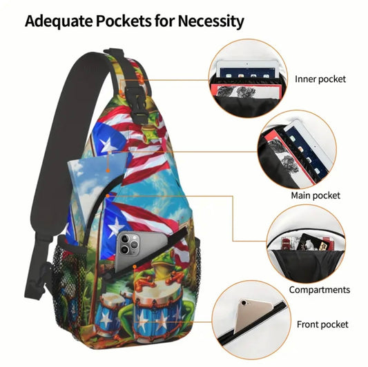 Crossbody Chest Bag PR Flag w/ Frog Design Folding Durable High Capacity FREE US SHIPPING