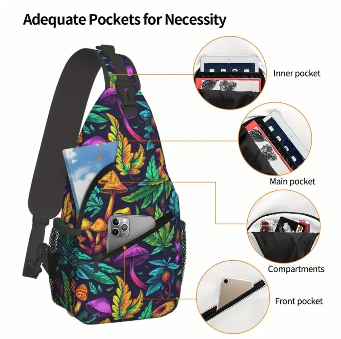 Crossbody Chest Bag Trippy Mushroom Leafs Design Folding Durable High Capacity FREE US SHIPPING