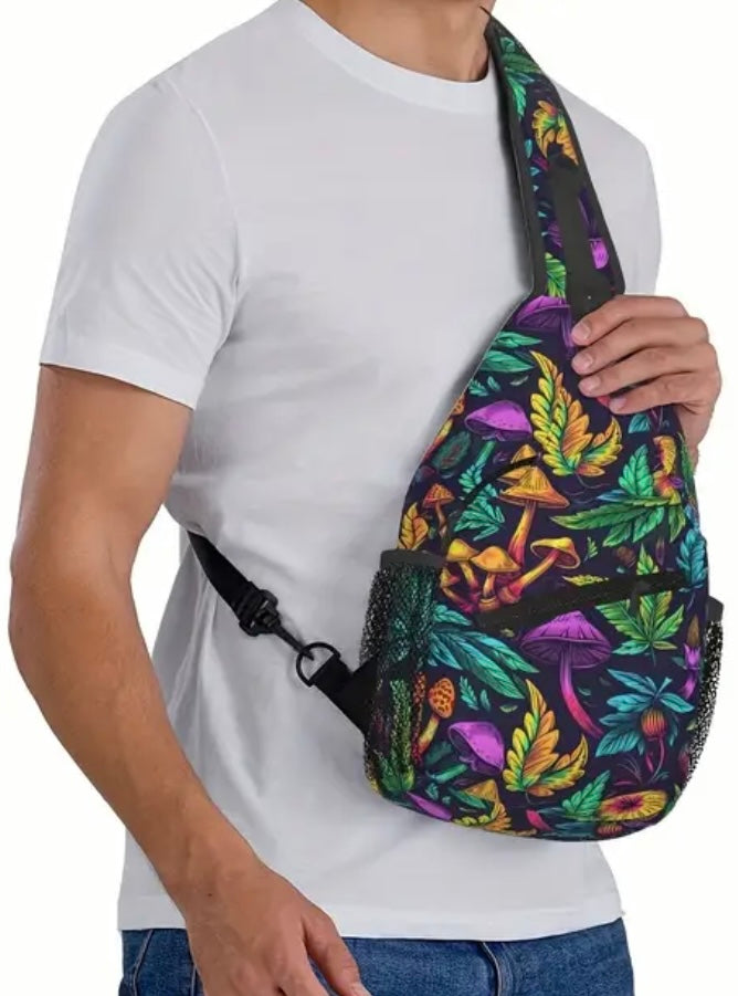 Crossbody Chest Bag Trippy Mushroom Leafs Design Folding Durable High Capacity FREE US SHIPPING