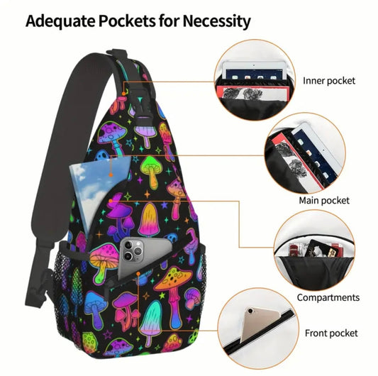 Crossbody Chest Bag Psychedelic Mushroom Design Folding Durable High Capacity FREE US SHIPPING