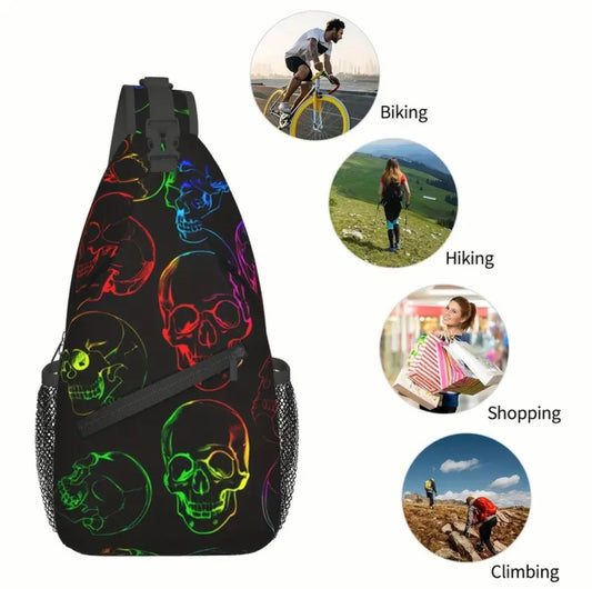 Crossbody Chest Bag Neon Skulls Design Folding Durable High Capacity FREE US SHIPPING