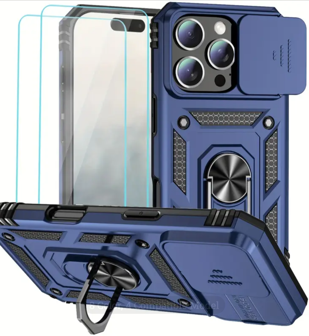 iPhone 16 Rugged Case w/ Magnetic Back, Kickstand, &Sliding Lens Cover +2 FREE Screen Protectors
