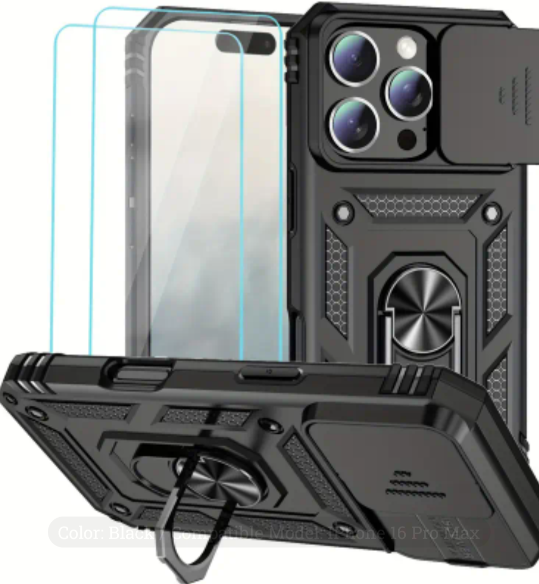 iPhone 16 Rugged Case w/ Magnetic Back, Kickstand, &Sliding Lens Cover +2 FREE Screen Protectors