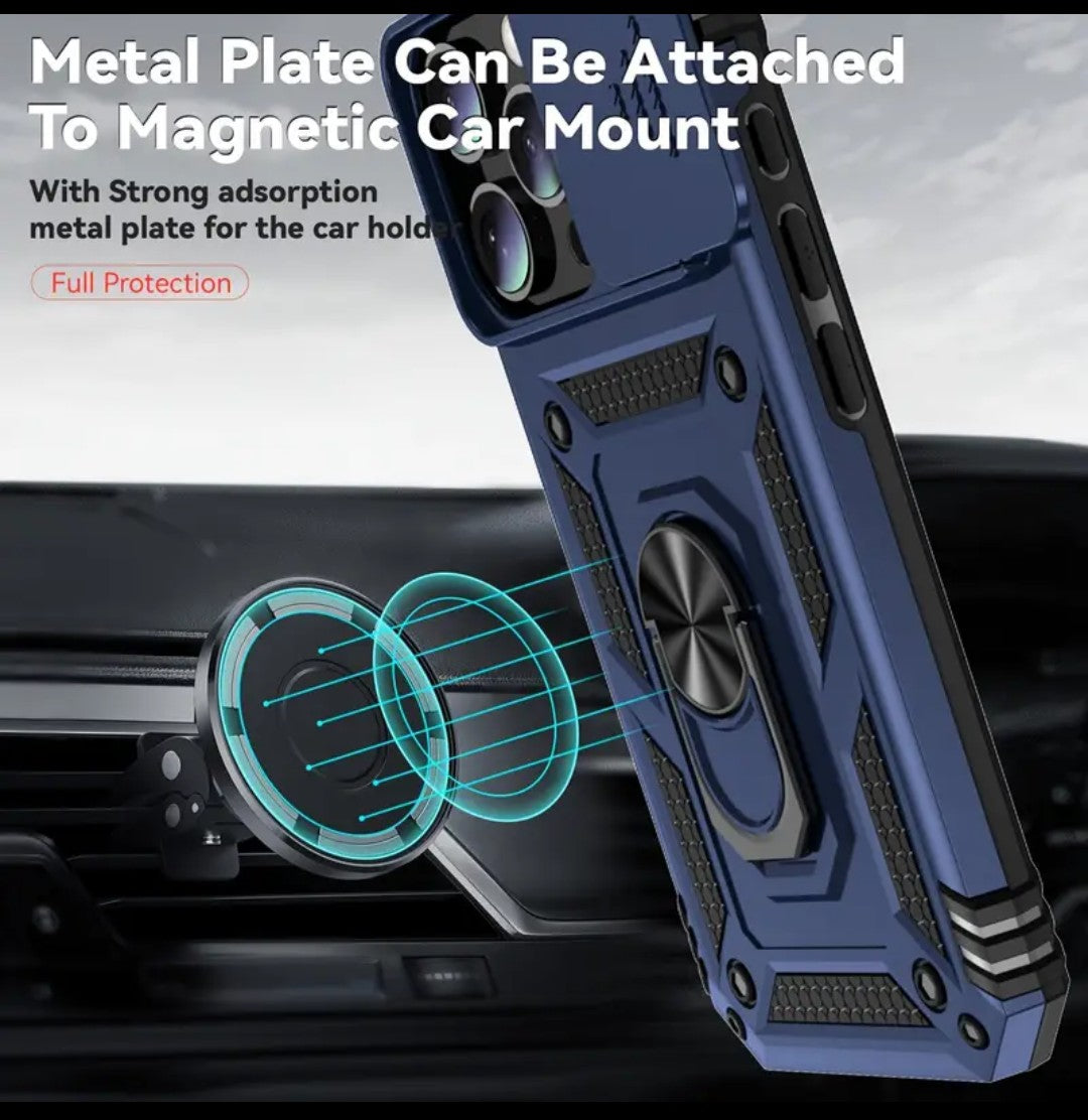 iPhone 16 Rugged Case w/ Magnetic Back, Kickstand, &Sliding Lens Cover +2 FREE Screen Protectors