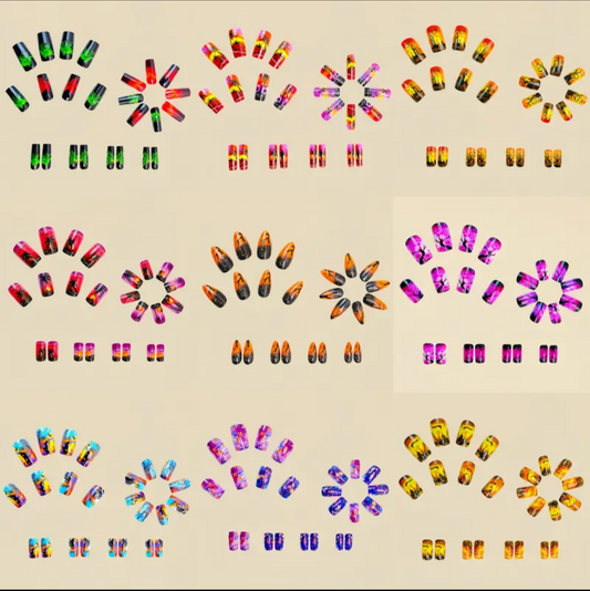 24pc Press-On Nail Set, Hand Painted, Mixed Colors, Square Ballet Shape, Medium Length, Glossy Finish, Removable Fake Nails, Nail Art Kit for Beauty & Personal Care FAST SHIPPING