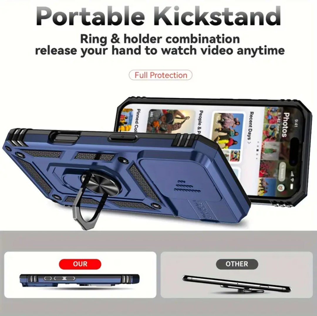 iPhone 16 PRO Rugged Case w/ Magnetic Back, Kickstand, &Sliding Lens Cover +2 FREE Screen Protectors