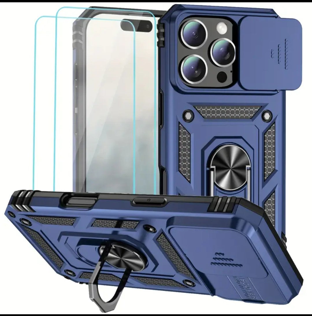 iPhone 16 PRO Rugged Case w/ Magnetic Back, Kickstand, &Sliding Lens Cover +2 FREE Screen Protectors