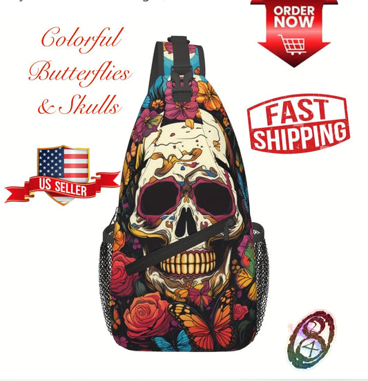 Crossbody Chest Bag Colorful Butterfly Skull Design Folding Durable High Capacity FREE US SHIPPING