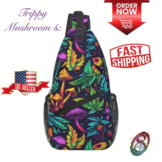 Crossbody Chest Bag Trippy Mushroom Leafs Design Folding Durable High Capacity FREE US SHIPPING