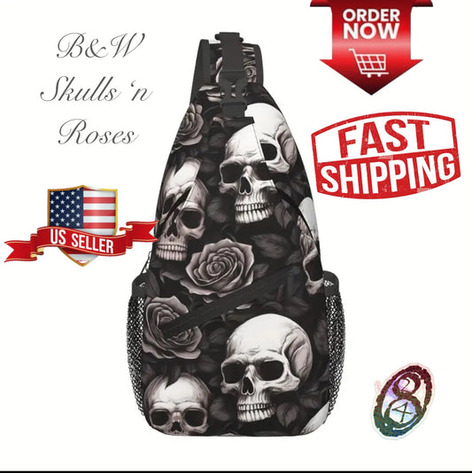 Crossbody Chest Bag Skulls n Roses Design Folding Durable High Capacity FREE US SHIPPING