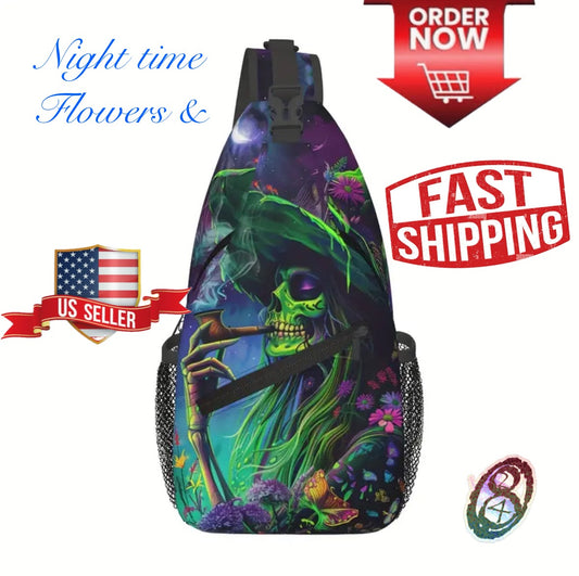 Crossbody Chest Bag Nighttime Skull Smoke Design Folding Durable High Capacity FREE US SHIPPING