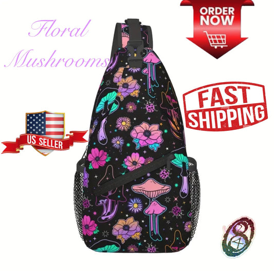 Crossbody Chest Bag Floral Mushroom Design Folding Durable High Capacity FREE US SHIPPING