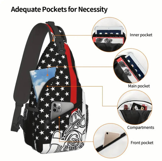 Crossbody Chest Bag Firefighter w Flag Design Folding Durable High Capacity FREE US SHIPPING