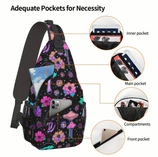 Crossbody Chest Bag Floral Mushroom Design Folding Durable High Capacity FREE US SHIPPING