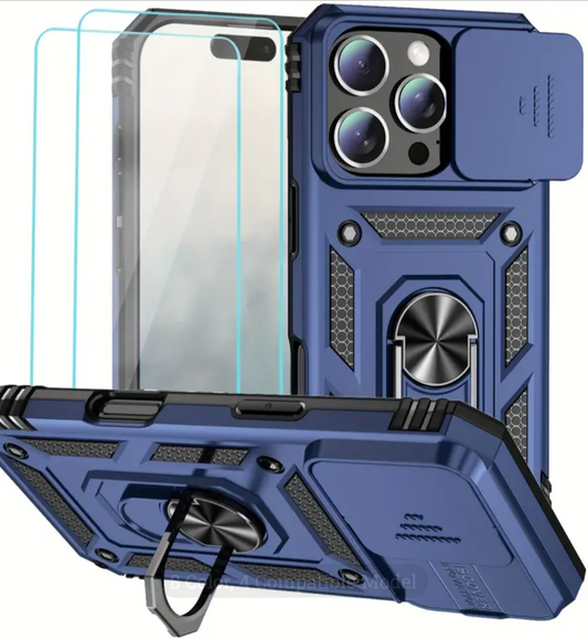 iPhone 16 Rugged Case w/ Magnetic Back, Kickstand, &Sliding Lens Cover +2 FREE Screen Protectors