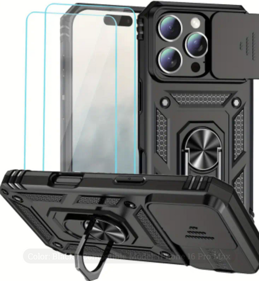 iPhone 16 PRO Rugged Case w/ Magnetic Back, Kickstand, &Sliding Lens Cover +2 FREE Screen Protectors