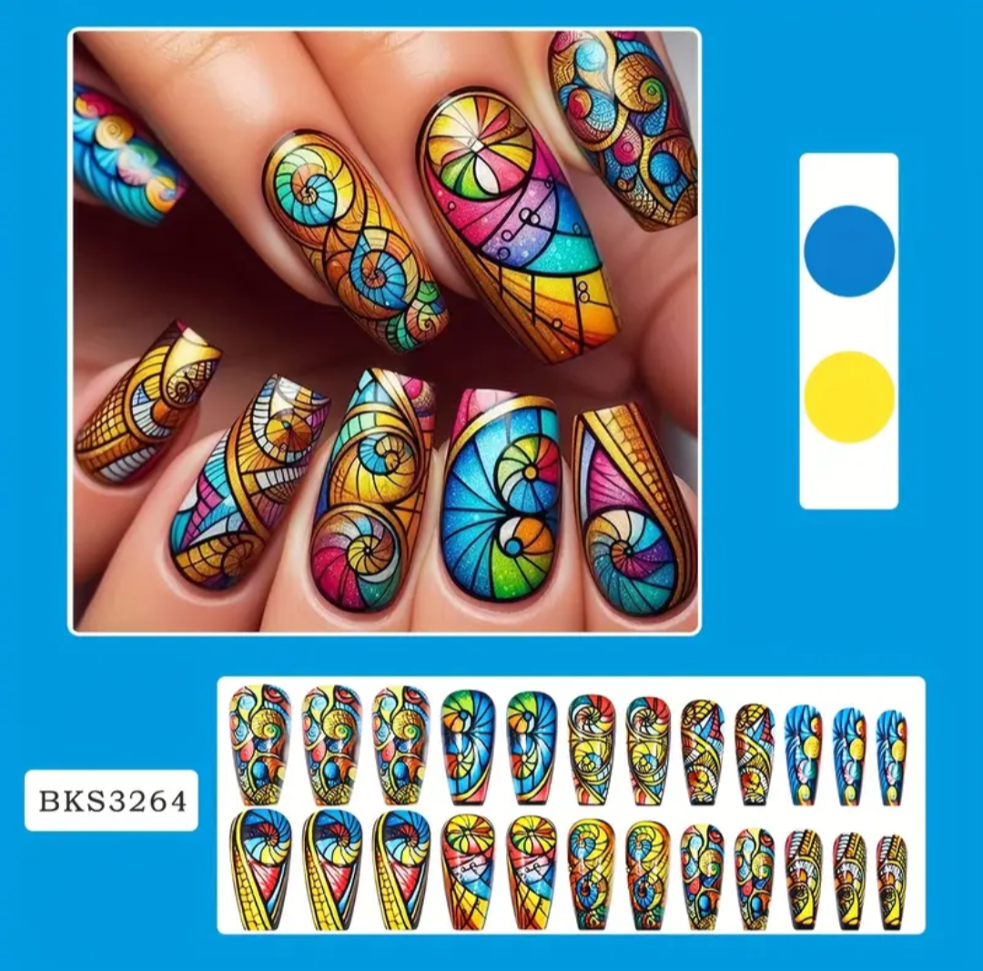24pc Press-On Nail Set, Hand Painted, Mixed Colors, Asrt. Shape, Medium Length, Glossy Finish, Glitter Gradient, False Nails, Nail Art Kit for Beauty & Personal Care FAST SHIPPING