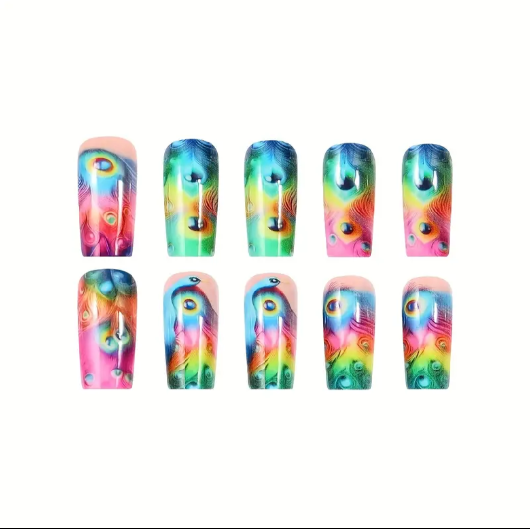 24pc Press-On Nail Set, Hand Painted, Mixed Colors, Asrt. Shape, Medium Length, Glossy Finish, Glitter Gradient, False Nails, Nail Art Kit for Beauty & Personal Care FAST SHIPPING
