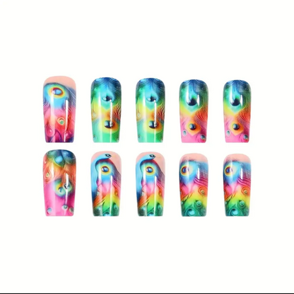 24pc Press-On Nail Set, Hand Painted, Mixed Colors, Asrt. Shape, Medium Length, Glossy Finish, Glitter Gradient, False Nails, Nail Art Kit for Beauty & Personal Care FAST SHIPPING