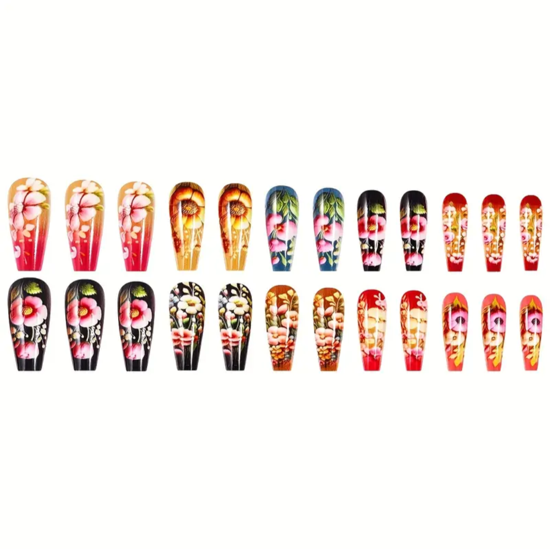 24pc Press-On Nail Set, Hand Painted, Mixed Colors, Asrt. Shape, Medium Length, Glossy Finish, Glitter Gradient, False Nails, Nail Art Kit for Beauty & Personal Care FAST SHIPPING