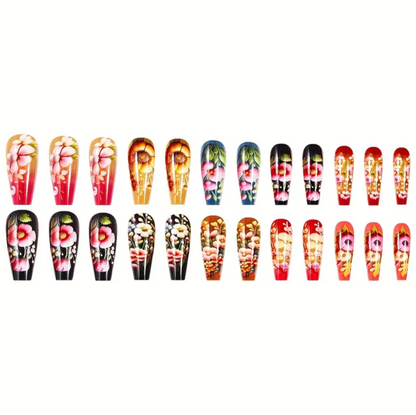24pc Press-On Nail Set, Hand Painted, Mixed Colors, Asrt. Shape, Medium Length, Glossy Finish, Glitter Gradient, False Nails, Nail Art Kit for Beauty & Personal Care FAST SHIPPING