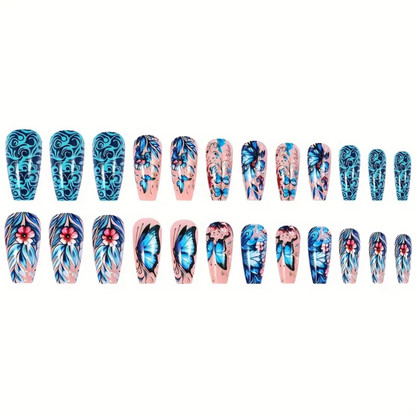 24pc Press-On Nail Set, Hand Painted, Mixed Colors, Asrt. Shape, Medium Length, Glossy Finish, Glitter Gradient, False Nails, Nail Art Kit for Beauty & Personal Care FAST SHIPPING