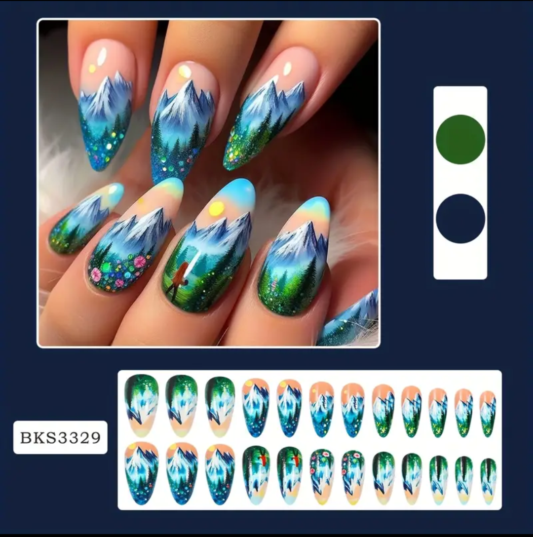 24pc Press-On Nail Set, Hand Painted, Mixed Colors, Asrt. Shape, Medium Length, Glossy Finish, Glitter Gradient, False Nails, Nail Art Kit for Beauty & Personal Care FAST SHIPPING