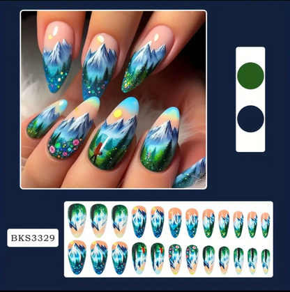 24pc Press-On Nail Set, Hand Painted, Mixed Colors, Asrt. Shape, Medium Length, Glossy Finish, Glitter Gradient, False Nails, Nail Art Kit for Beauty & Personal Care FAST SHIPPING