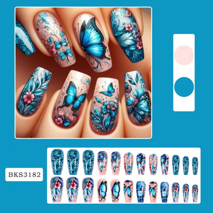 24pc Press-On Nail Set, Hand Painted, Mixed Colors, Asrt. Shape, Medium Length, Glossy Finish, Glitter Gradient, False Nails, Nail Art Kit for Beauty & Personal Care FAST SHIPPING