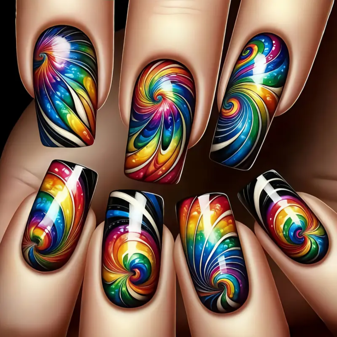 24pc Press-On Nail Set, Hand Painted, Mixed Colors, Asrt. Shape, Medium Length, Glossy Finish, Glitter Gradient, False Nails, Nail Art Kit for Beauty & Personal Care FAST SHIPPING