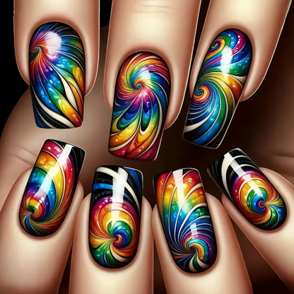 24pc Press-On Nail Set, Hand Painted, Mixed Colors, Asrt. Shape, Medium Length, Glossy Finish, Glitter Gradient, False Nails, Nail Art Kit for Beauty & Personal Care FAST SHIPPING