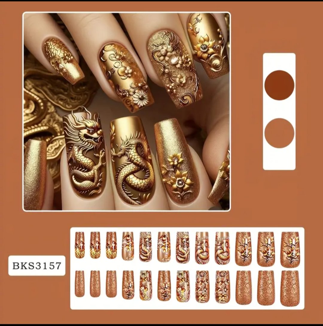 24pc Press-On Nail Set, Hand Painted, Mixed Colors, Asrt. Shape, Medium Length, Glossy Finish, Glitter Gradient, False Nails, Nail Art Kit for Beauty & Personal Care FAST SHIPPING
