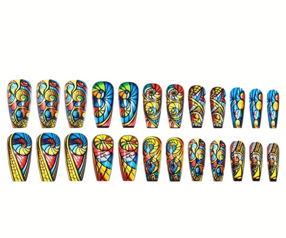 24pc Press-On Nail Set, Hand Painted, Mixed Colors, Asrt. Shape, Medium Length, Glossy Finish, Glitter Gradient, False Nails, Nail Art Kit for Beauty & Personal Care FAST SHIPPING
