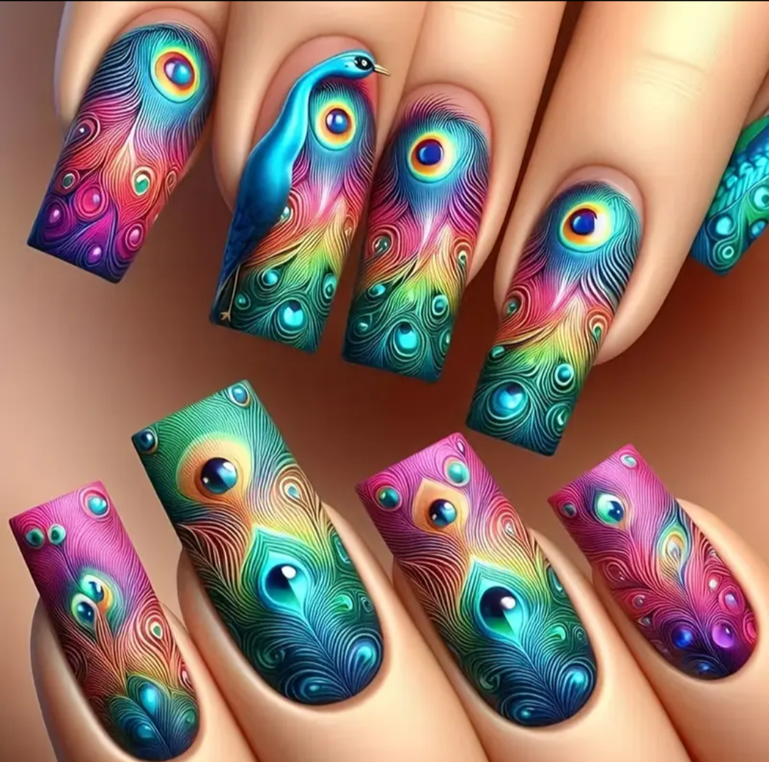 24pc Press-On Nail Set, Hand Painted, Mixed Colors, Asrt. Shape, Medium Length, Glossy Finish, Glitter Gradient, False Nails, Nail Art Kit for Beauty & Personal Care FAST SHIPPING