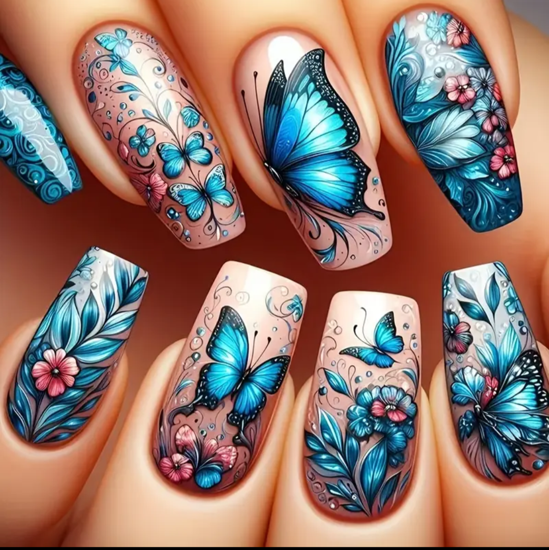 24pc Press-On Nail Set, Hand Painted, Mixed Colors, Asrt. Shape, Medium Length, Glossy Finish, Glitter Gradient, False Nails, Nail Art Kit for Beauty & Personal Care FAST SHIPPING