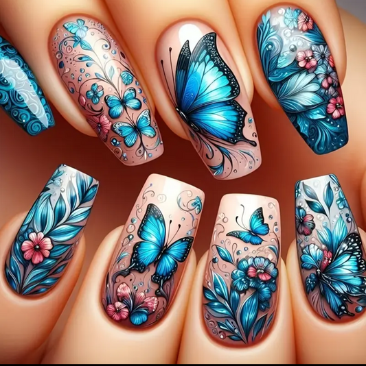 24pc Press-On Nail Set, Hand Painted, Mixed Colors, Asrt. Shape, Medium Length, Glossy Finish, Glitter Gradient, False Nails, Nail Art Kit for Beauty & Personal Care FAST SHIPPING