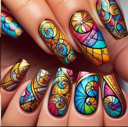 24pc Press-On Nail Set, Hand Painted, Mixed Colors, Asrt. Shape, Medium Length, Glossy Finish, Glitter Gradient, False Nails, Nail Art Kit for Beauty & Personal Care FAST SHIPPING