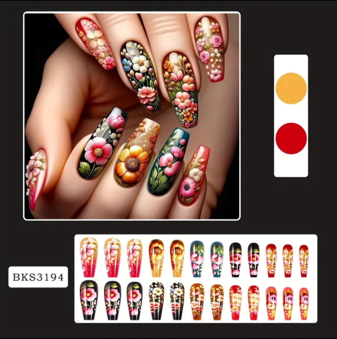 24pc Press-On Nail Set, Hand Painted, Mixed Colors, Asrt. Shape, Medium Length, Glossy Finish, Glitter Gradient, False Nails, Nail Art Kit for Beauty & Personal Care FAST SHIPPING