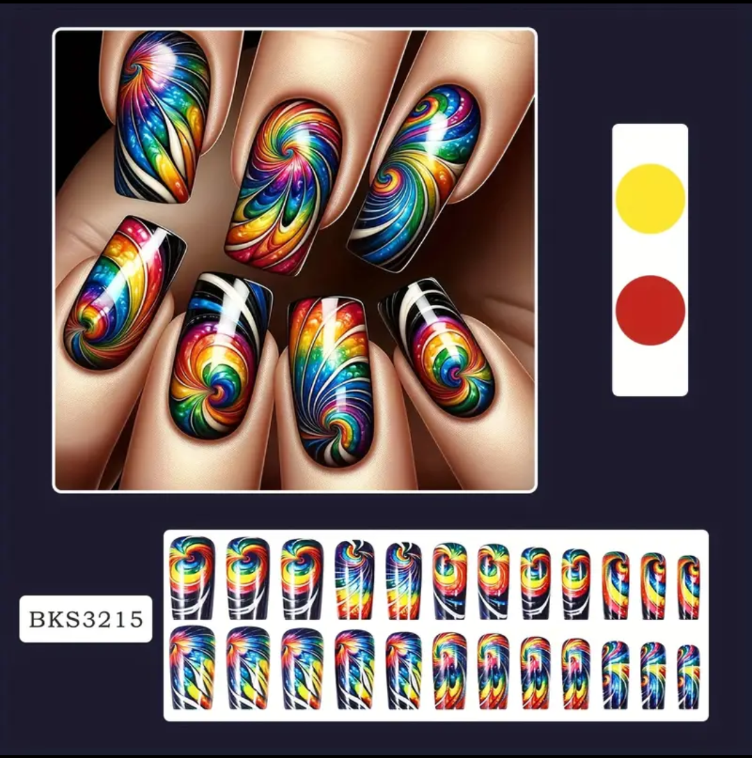 24pc Press-On Nail Set, Hand Painted, Mixed Colors, Asrt. Shape, Medium Length, Glossy Finish, Glitter Gradient, False Nails, Nail Art Kit for Beauty & Personal Care FAST SHIPPING