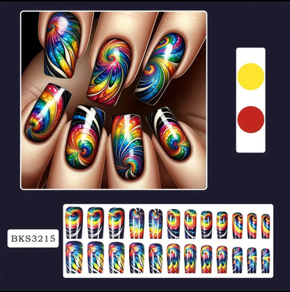 24pc Press-On Nail Set, Hand Painted, Mixed Colors, Asrt. Shape, Medium Length, Glossy Finish, Glitter Gradient, False Nails, Nail Art Kit for Beauty & Personal Care FAST SHIPPING