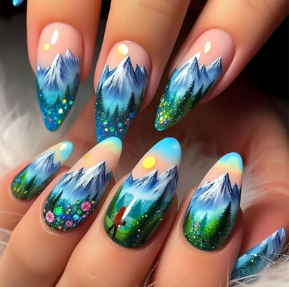 24pc Press-On Nail Set, Hand Painted, Mixed Colors, Asrt. Shape, Medium Length, Glossy Finish, Glitter Gradient, False Nails, Nail Art Kit for Beauty & Personal Care FAST SHIPPING