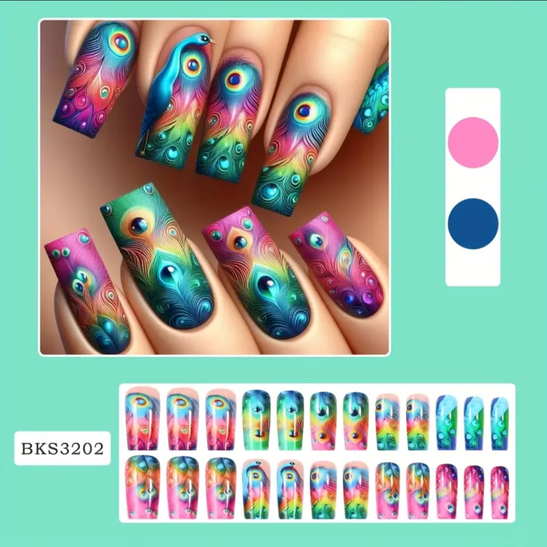 24pc Press-On Nail Set, Hand Painted, Mixed Colors, Asrt. Shape, Medium Length, Glossy Finish, Glitter Gradient, False Nails, Nail Art Kit for Beauty & Personal Care FAST SHIPPING