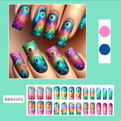 24pc Press-On Nail Set, Hand Painted, Mixed Colors, Asrt. Shape, Medium Length, Glossy Finish, Glitter Gradient, False Nails, Nail Art Kit for Beauty & Personal Care FAST SHIPPING