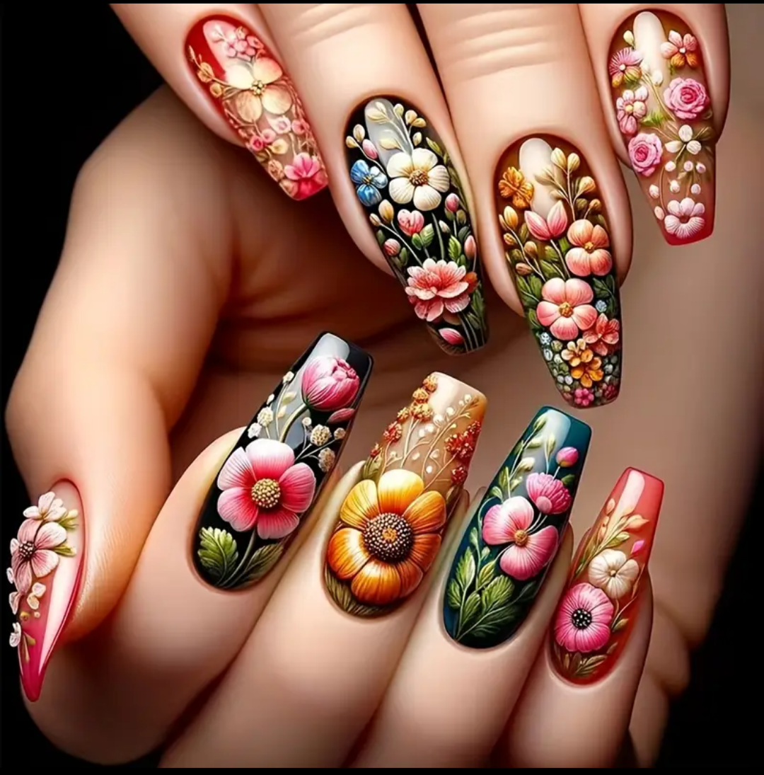 24pc Press-On Nail Set, Hand Painted, Mixed Colors, Asrt. Shape, Medium Length, Glossy Finish, Glitter Gradient, False Nails, Nail Art Kit for Beauty & Personal Care FAST SHIPPING