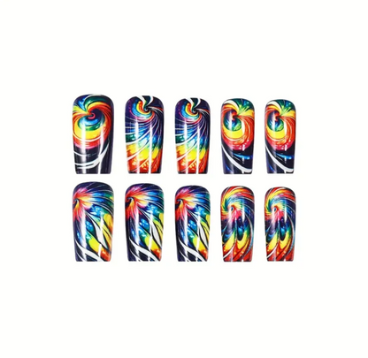 24pc Press-On Nail Set, Hand Painted, Mixed Colors, Asrt. Shape, Medium Length, Glossy Finish, Glitter Gradient, False Nails, Nail Art Kit for Beauty & Personal Care FAST SHIPPING